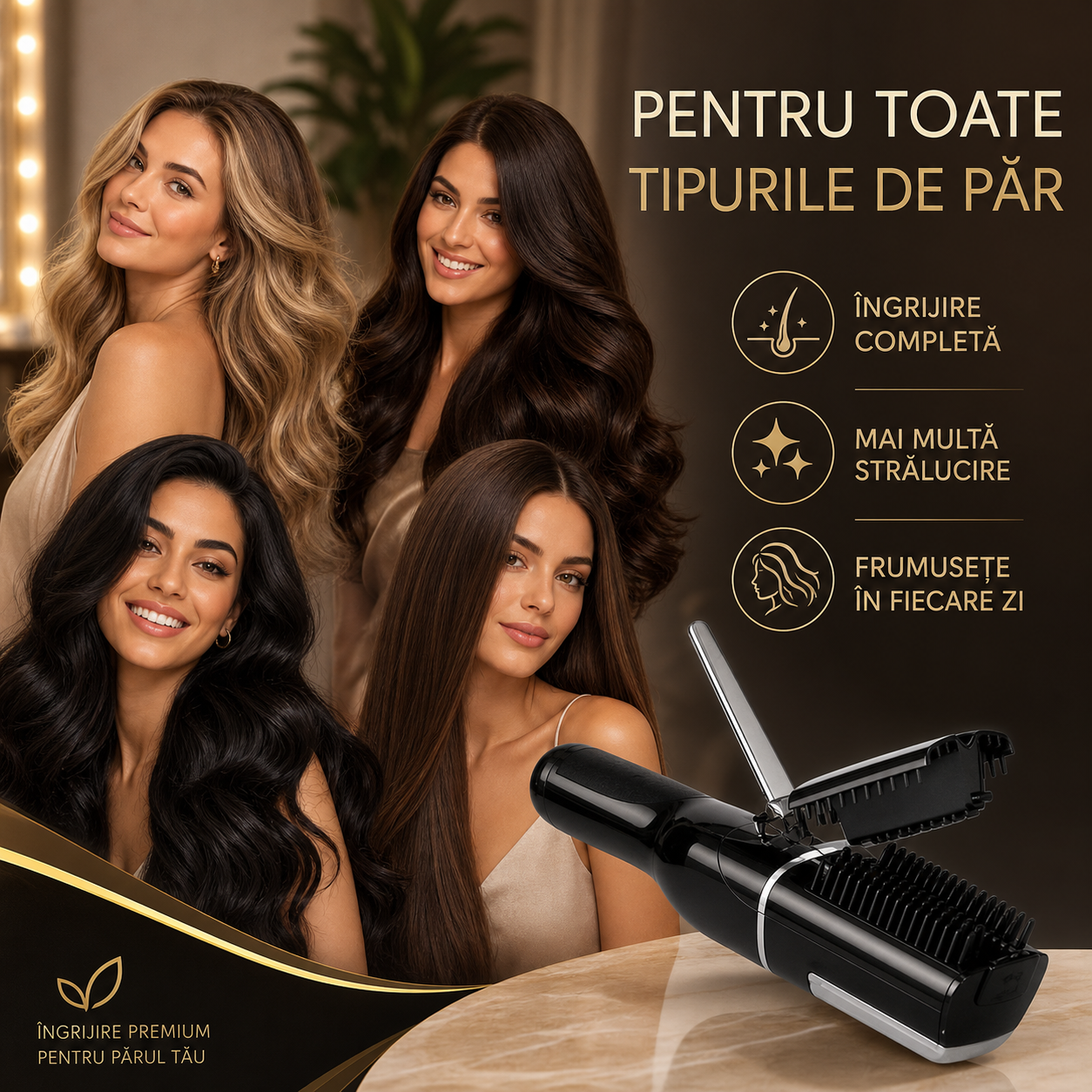 Aparat pentru tuns vârfuri de păr cu accesorii și geantă, negru