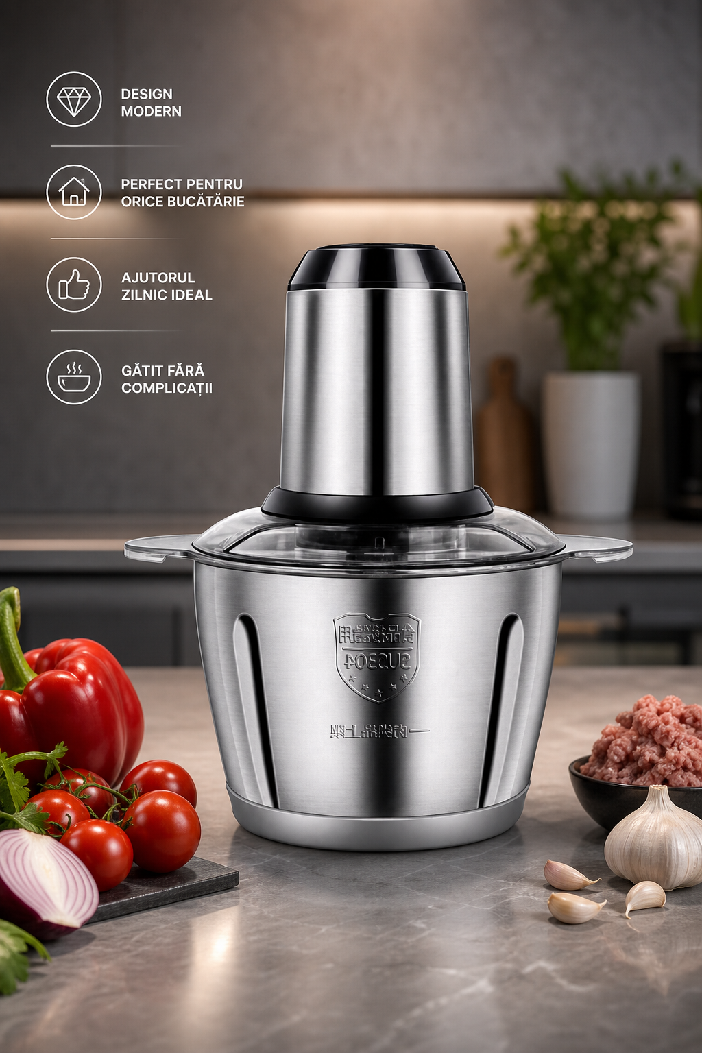 Tocător electric 300 W cu 4 lame interne din inox și bol din inox 2 L