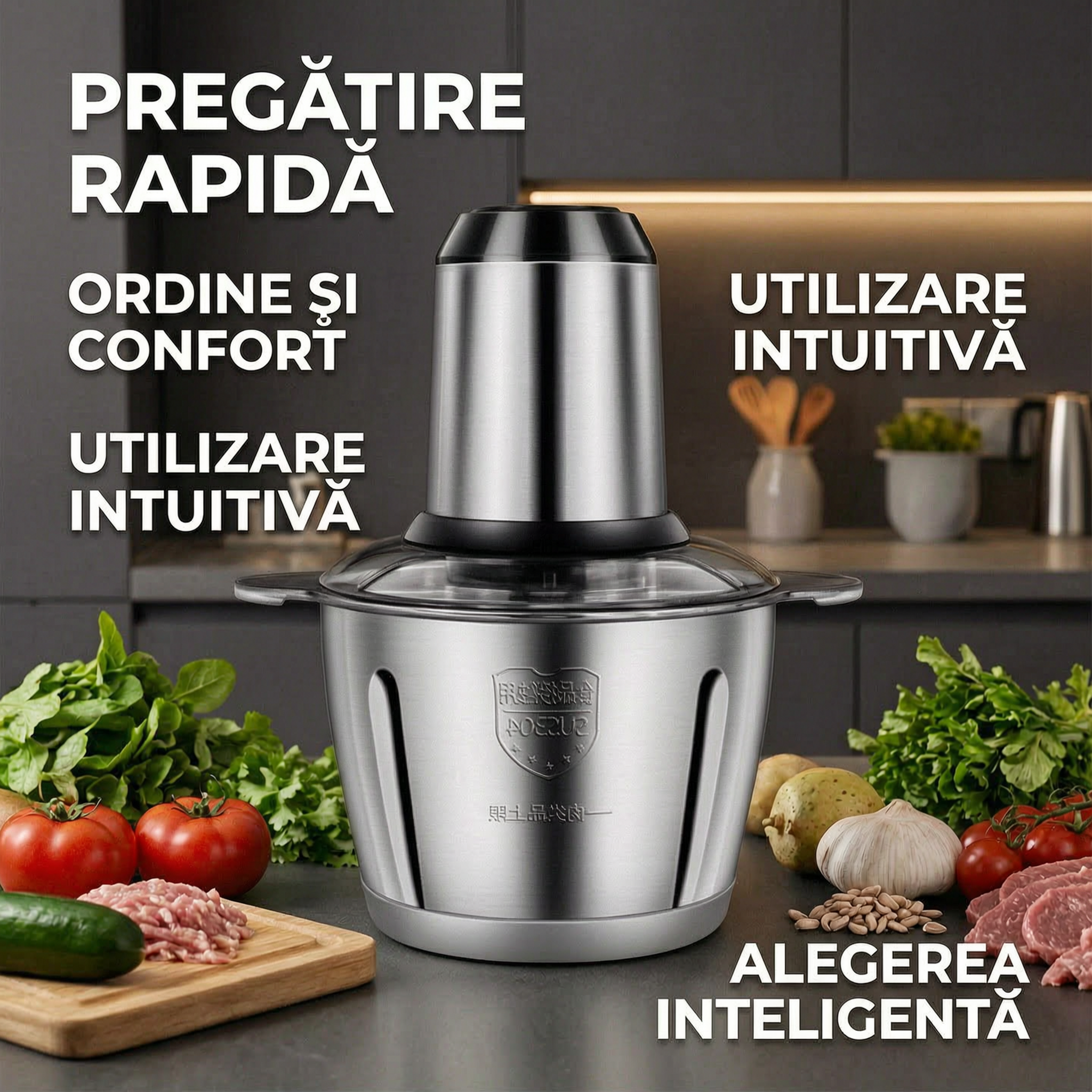 Tocător electric 300 W cu 4 lame interne din inox și bol din inox 2 L