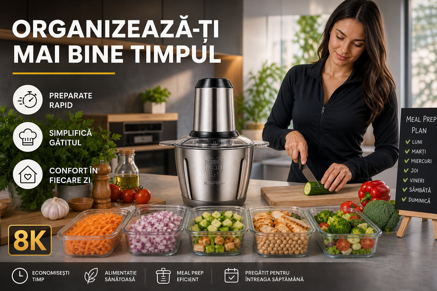 Tocător electric 300 W cu 4 lame interne din inox și bol din inox 2 L