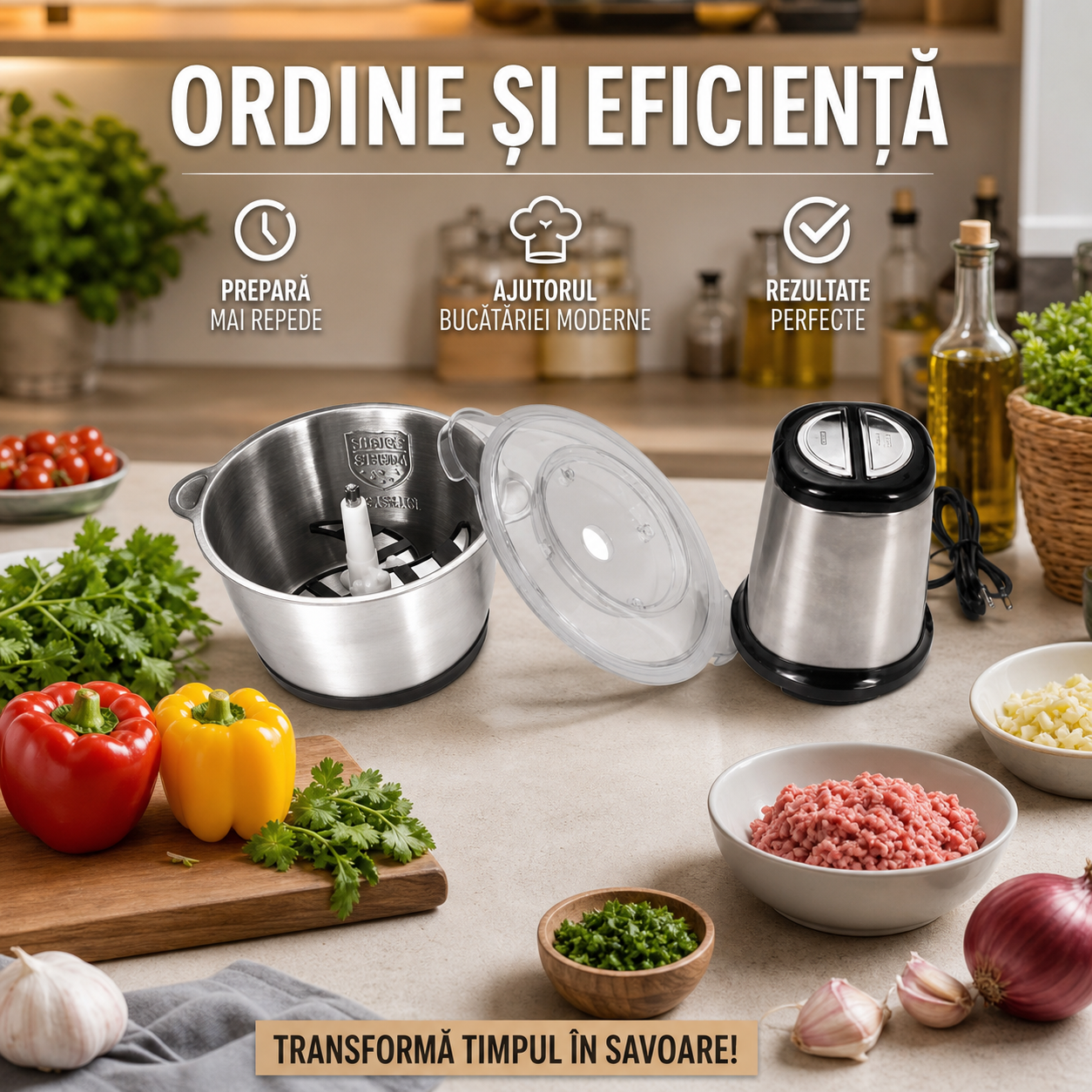 Tocator electric inox 3L, 1000W, 2 trepte viteza, lame durabile, pentru legume, fructe si carne