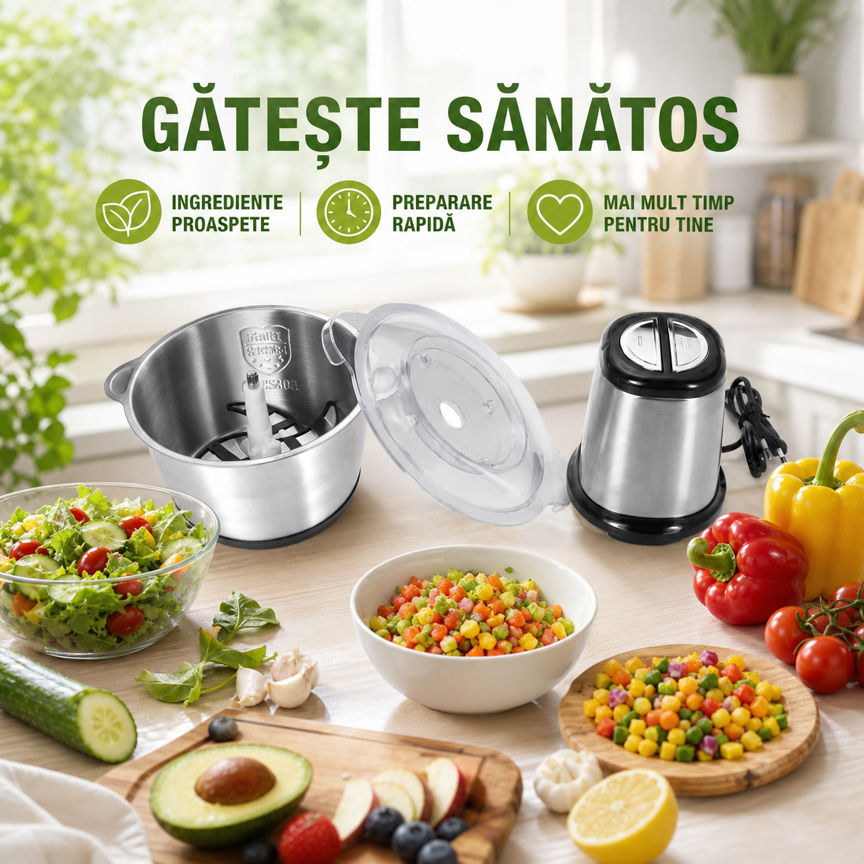 Tocator electric inox 3L, 1000W, 2 trepte viteza, lame durabile, pentru legume, fructe si carne