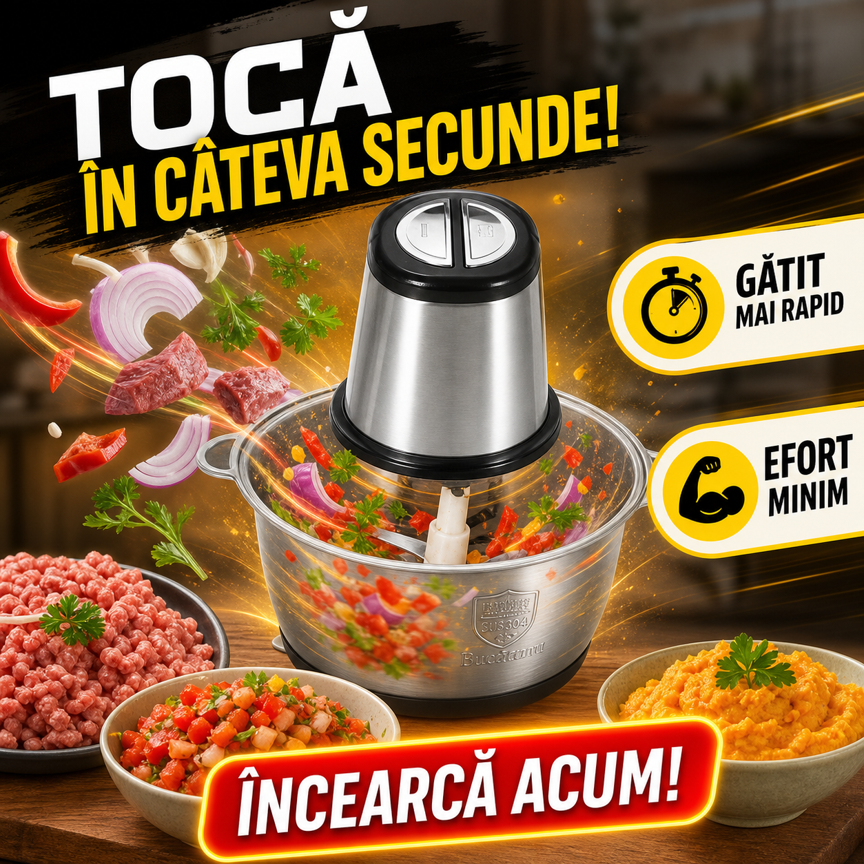 Tocator electric inox 3L, 1000W, 2 trepte viteza, lame durabile, pentru legume, fructe si carne