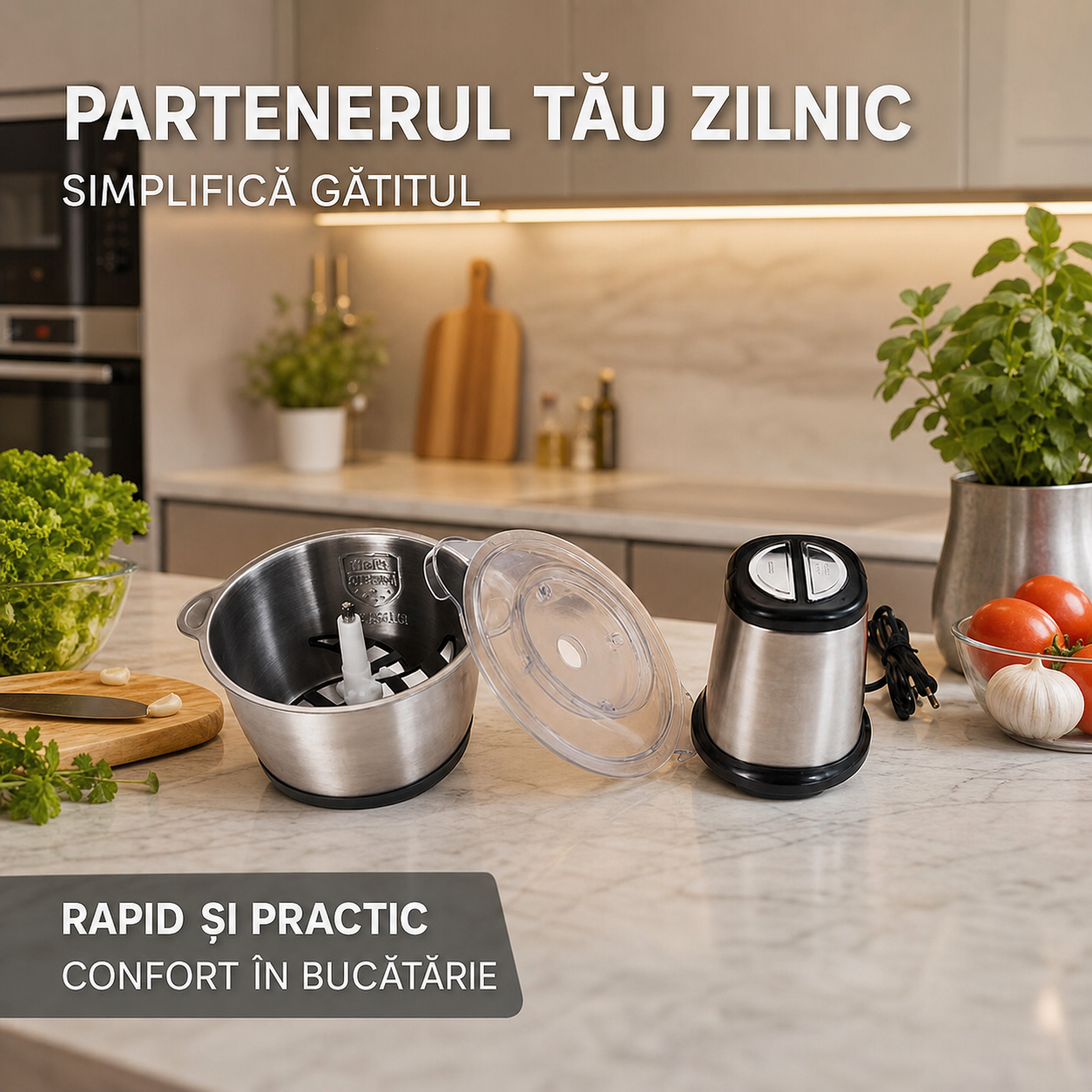 Tocator electric inox 3L, 1000W, 2 trepte viteza, lame durabile, pentru legume, fructe si carne
