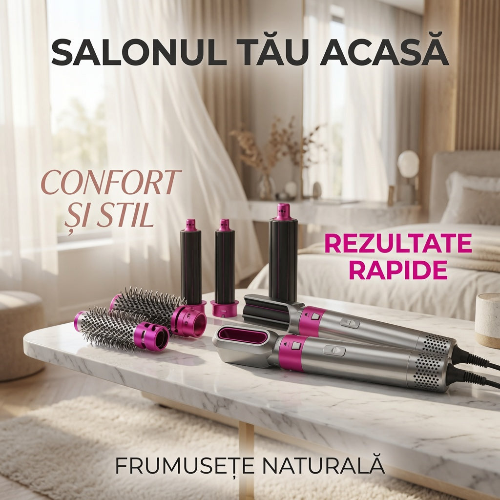 Uscător de păr multifuncțional 5 în 1 – usuca si coafeaza, 220V, roz/gri