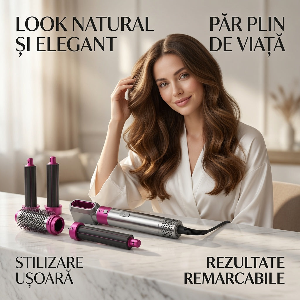 Uscător de păr multifuncțional 5 în 1 – usuca si coafeaza, 220V, roz/gri