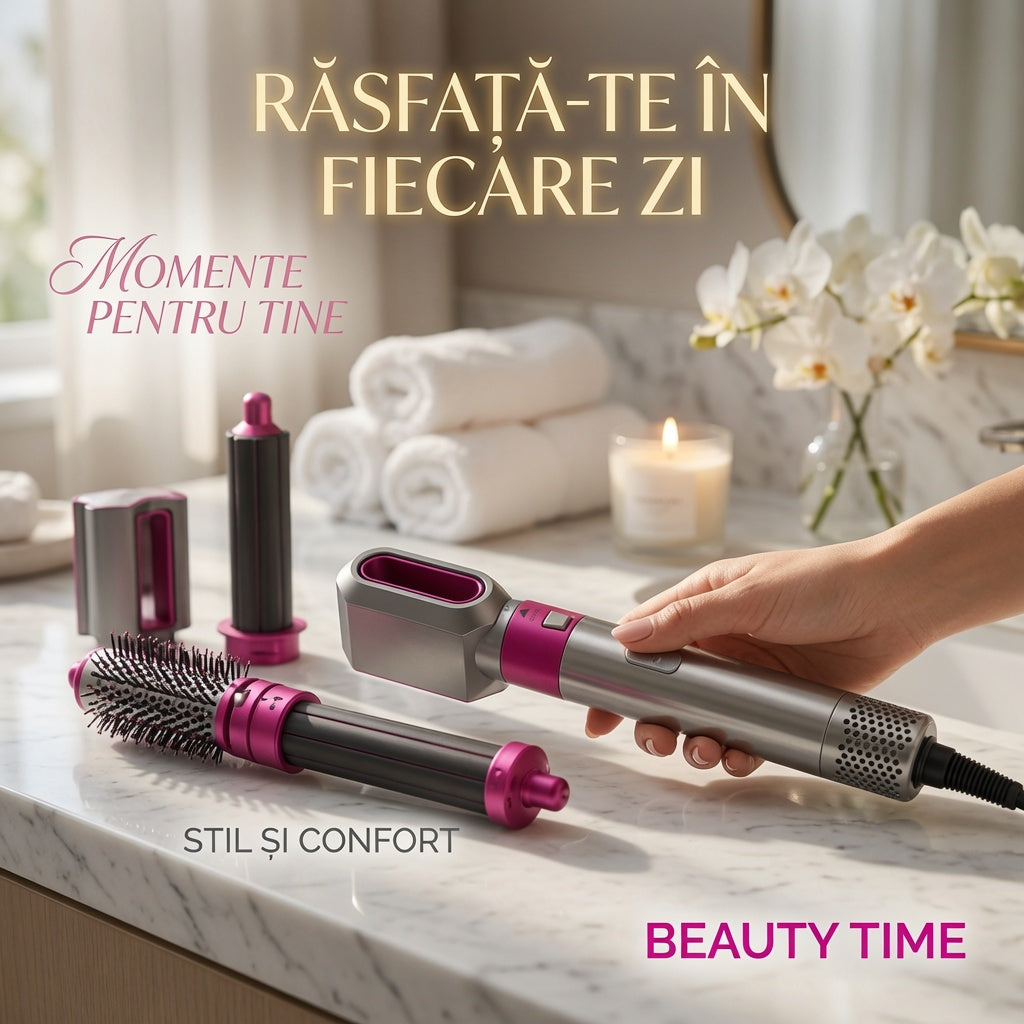 Uscător de păr multifuncțional 5 în 1 – usuca si coafeaza, 220V, roz/gri
