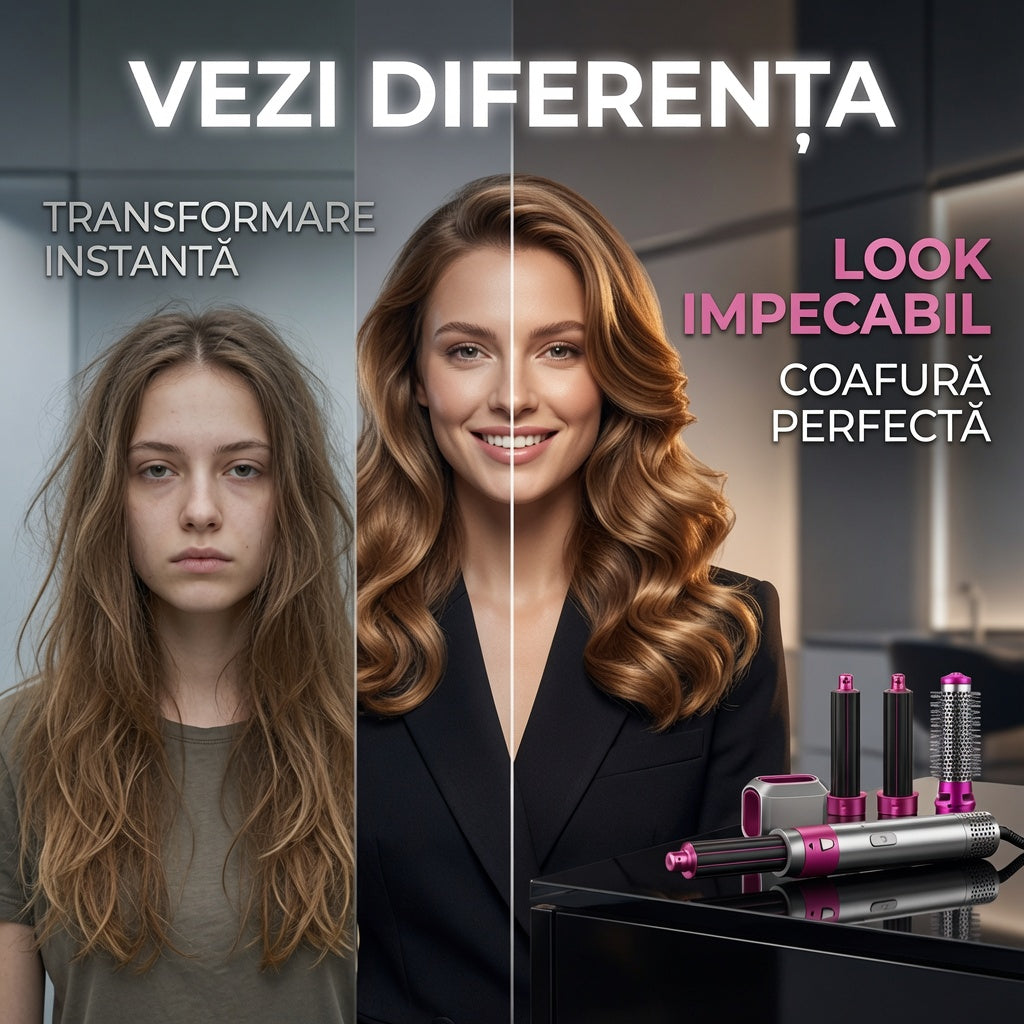 Uscător de păr multifuncțional 5 în 1 – usuca si coafeaza, 220V, roz/gri