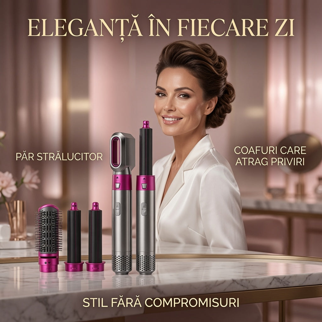 Uscător de păr multifuncțional 5 în 1 – usuca si coafeaza, 220V, roz/gri