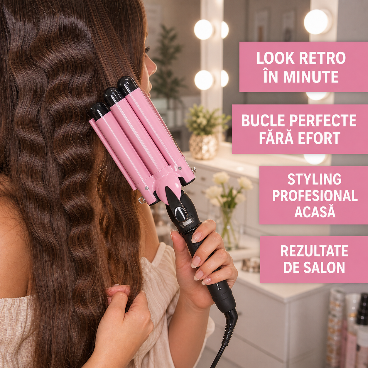 Ondulator cu 3 tuburi – bucle retro, roz/negru