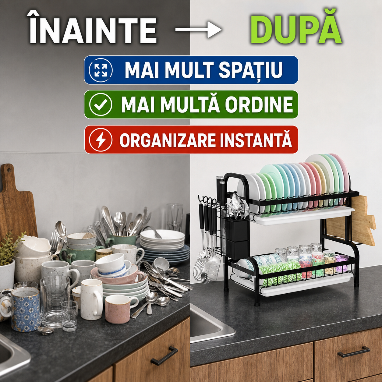 Uscător de vase supraetajat, metalic, 2 polițe — finisaj negru