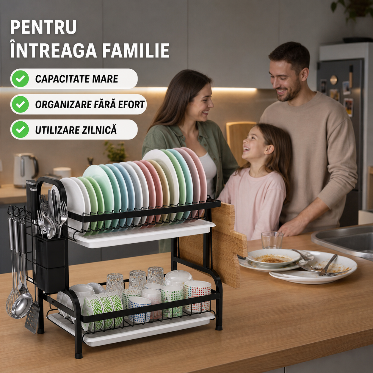 Uscător de vase supraetajat, metalic, 2 polițe — finisaj negru