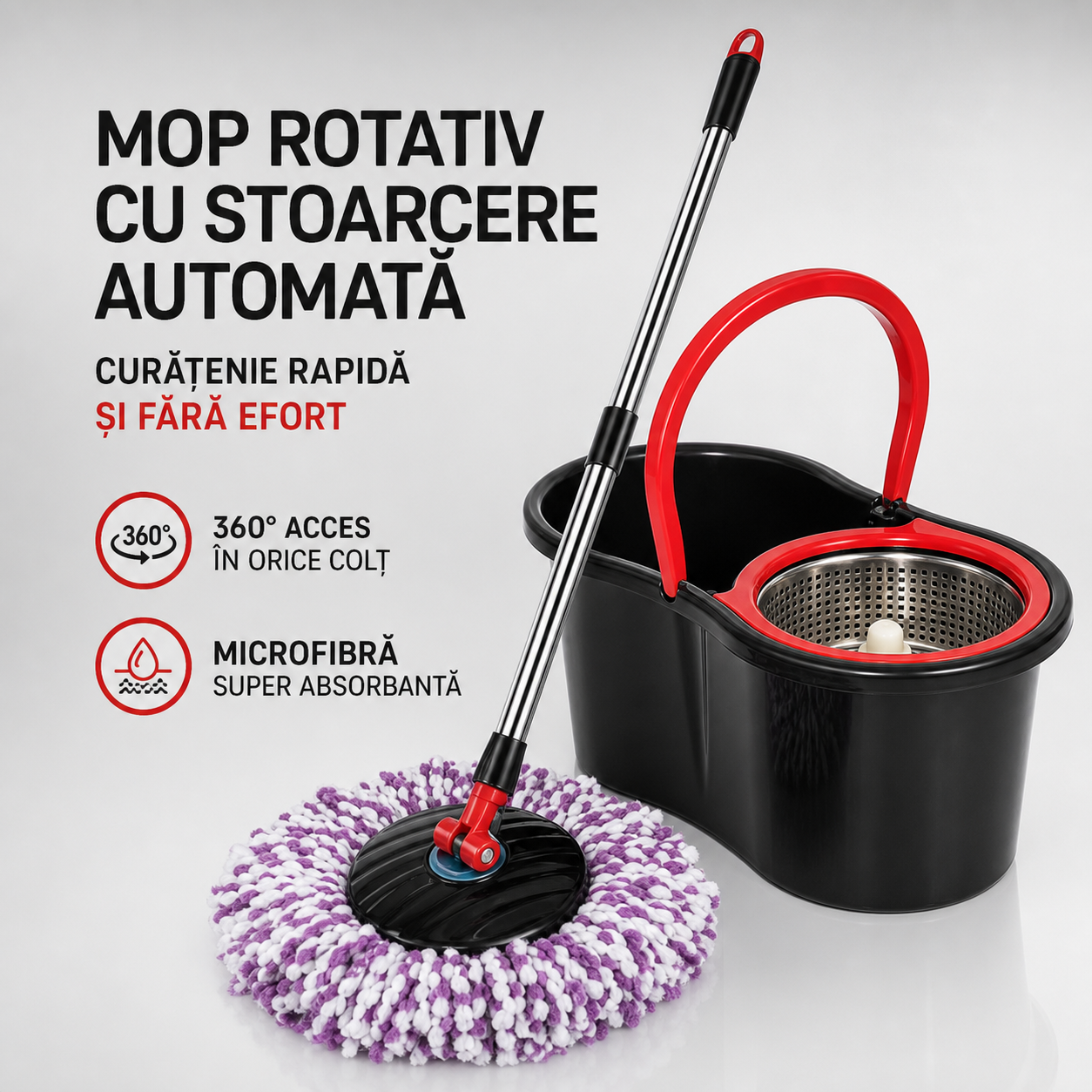 Set Mop Rotativ și Găleată cu Microfibră 360° – Curățenie rapidă și eficientă