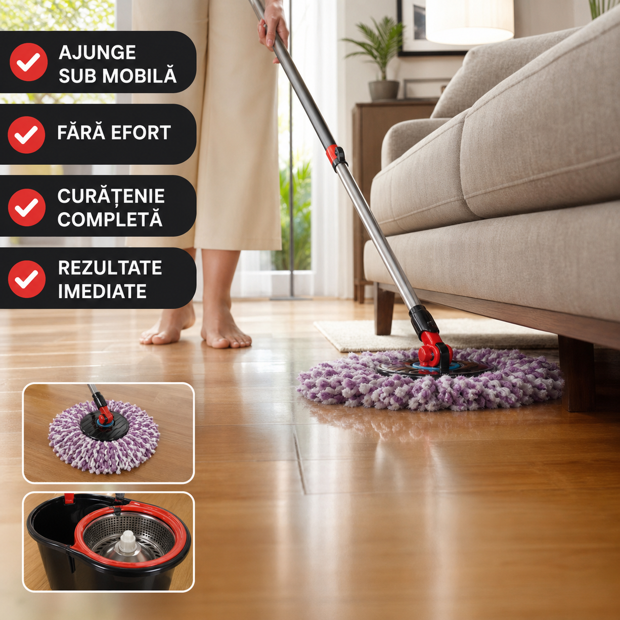 Set Mop Rotativ și Găleată cu Microfibră 360° – Curățenie rapidă și eficientă
