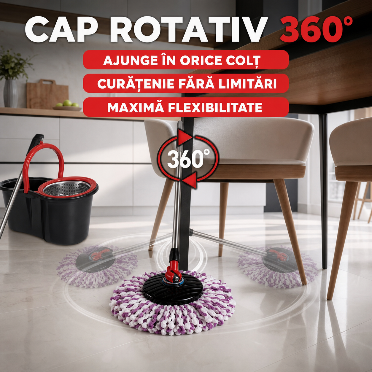 Set Mop Rotativ și Găleată cu Microfibră 360° – Curățenie rapidă și eficientă