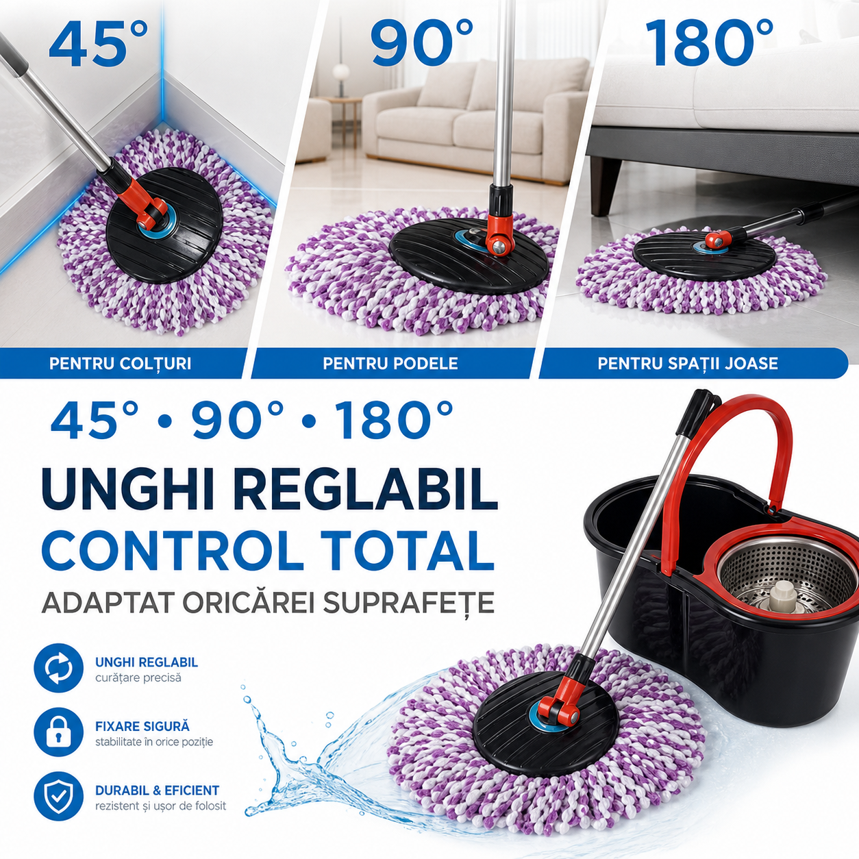 Set Mop Rotativ și Găleată cu Microfibră 360° – Curățenie rapidă și eficientă