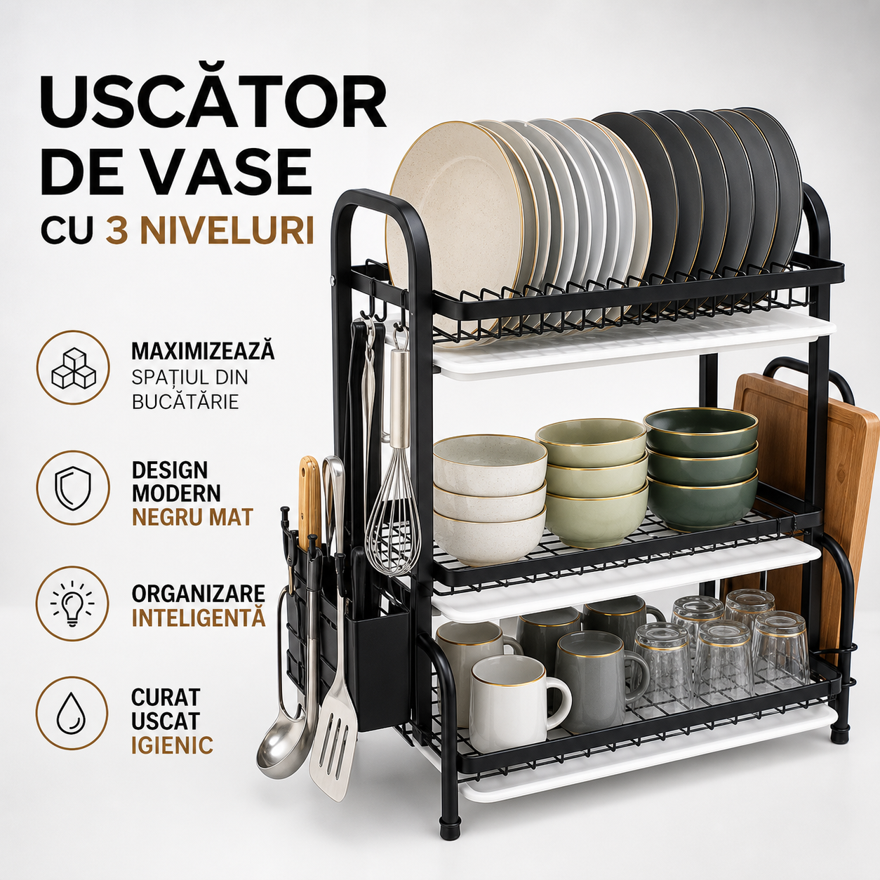 Uscator de vase supraetajat cu 3 polite din metal, negru