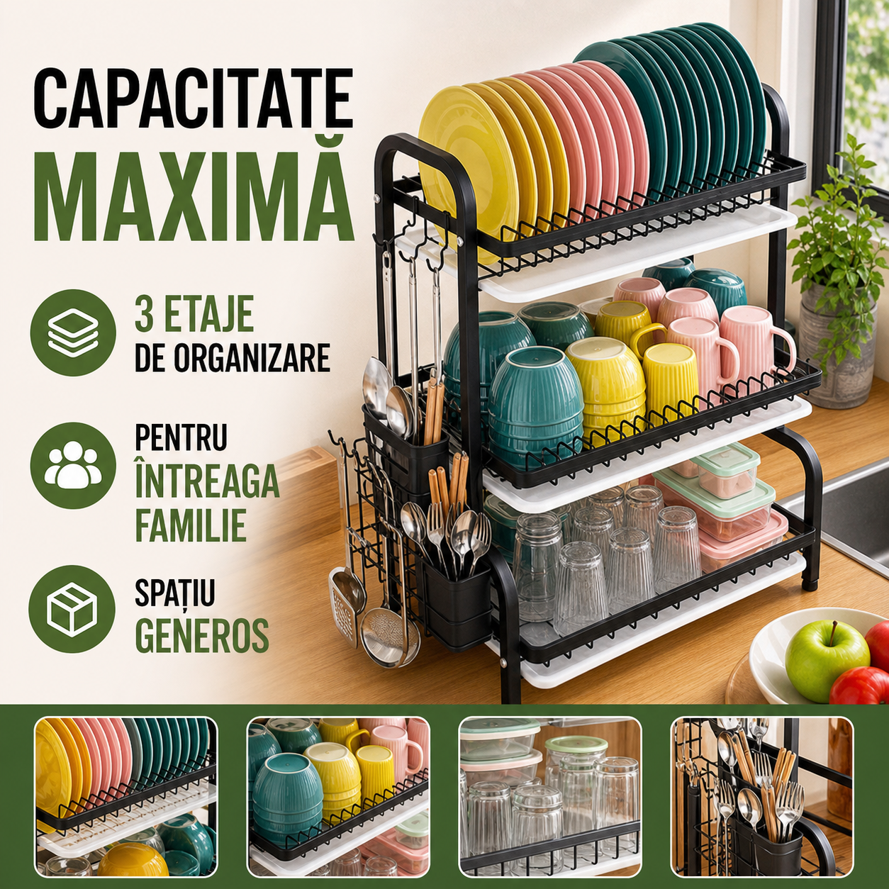 Uscator de vase supraetajat cu 3 polite din metal, negru