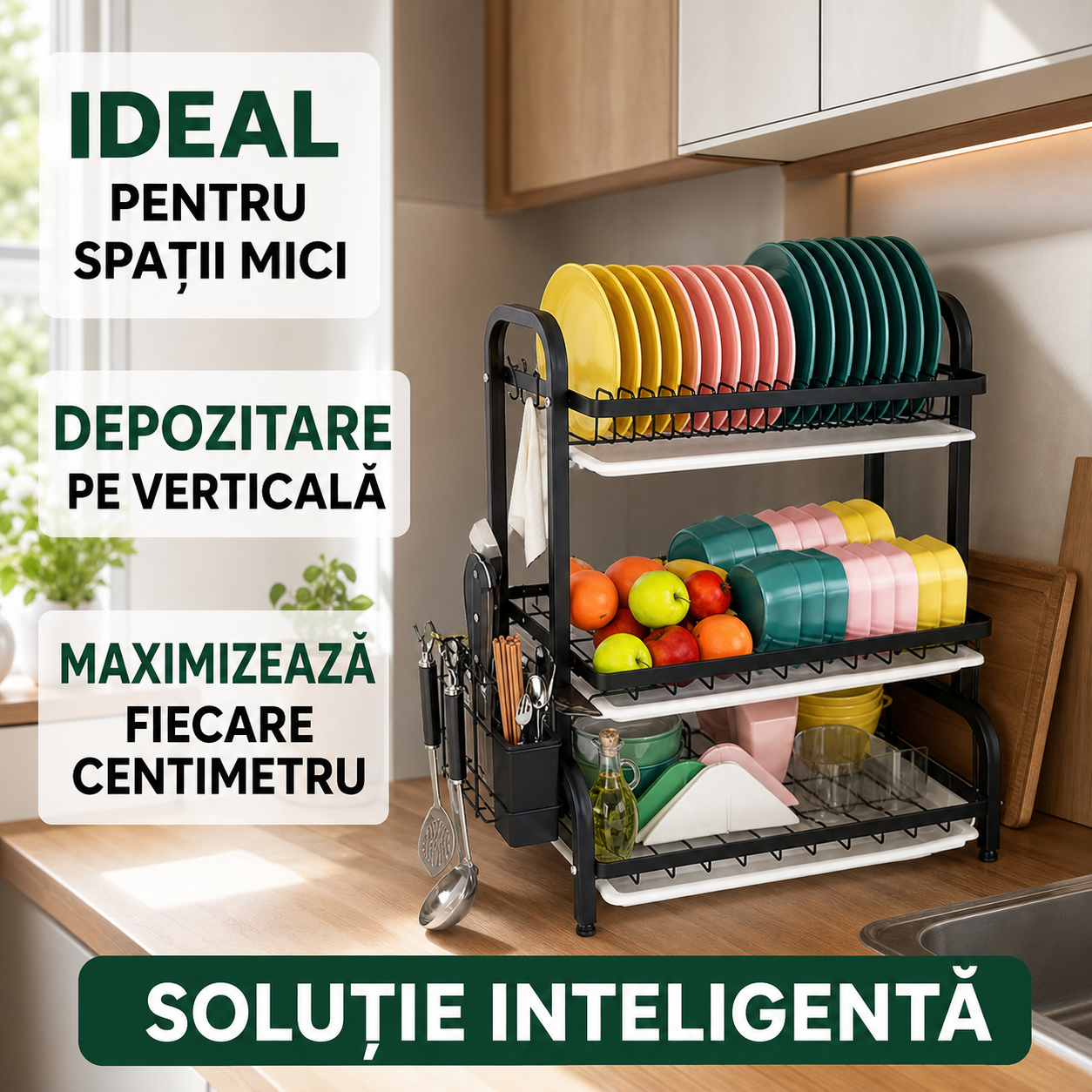 Uscator de vase supraetajat cu 3 polite din metal, negru