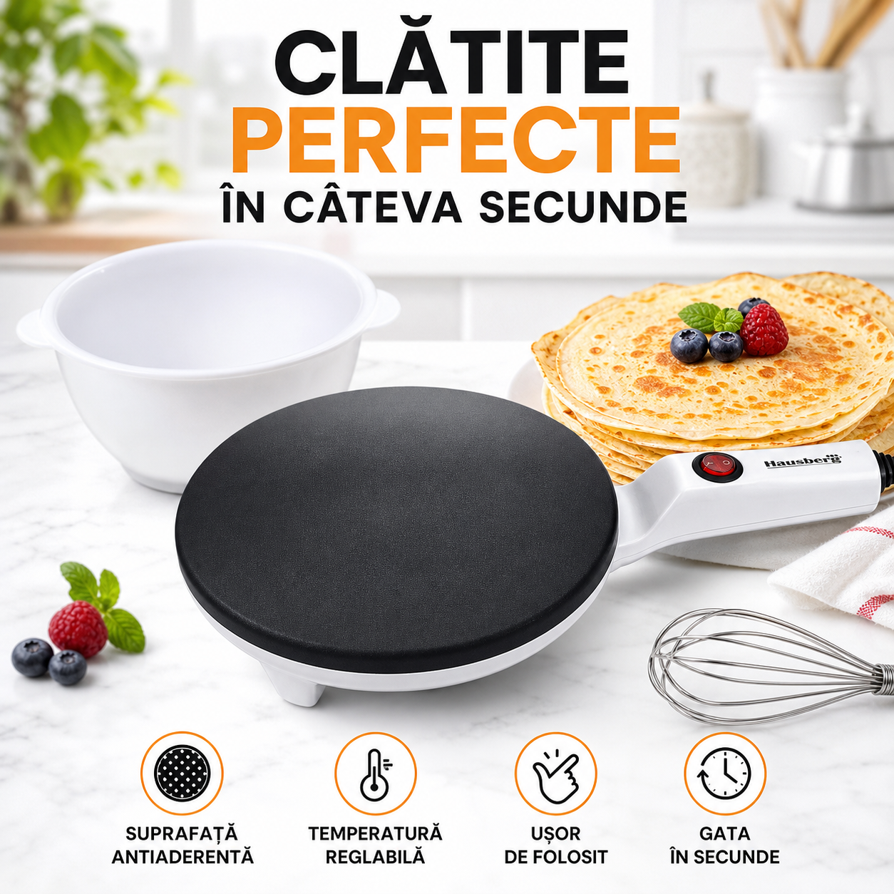Aparat pentru clătite cu bol și tel inclus — gătire rapidă și practică