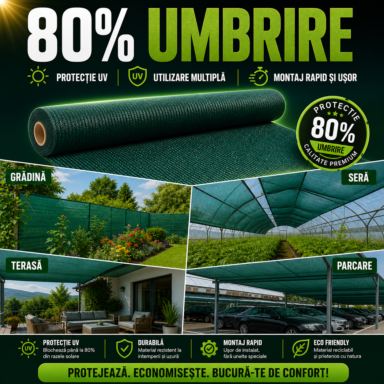 Plasa de Umbrire 2 x 25 m, Grad de Umbrire 80%, HDPE Rezistent UV
