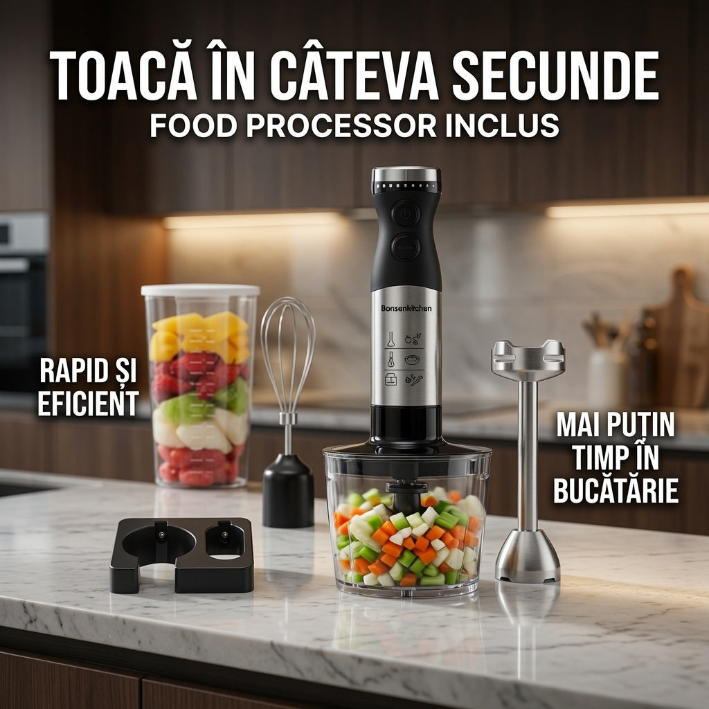 Blender de Mana cu Motor 1000W, Cutit QuattroBlade Pro, Food Processor Inclus, Viteza Reglabila