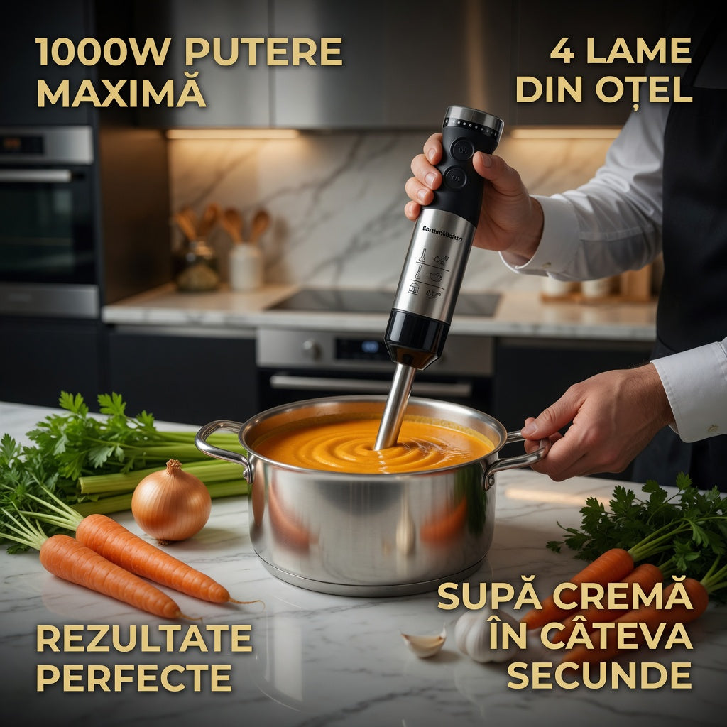Blender de Mana cu Motor 1000W, Cutit QuattroBlade Pro, Food Processor Inclus, Viteza Reglabila