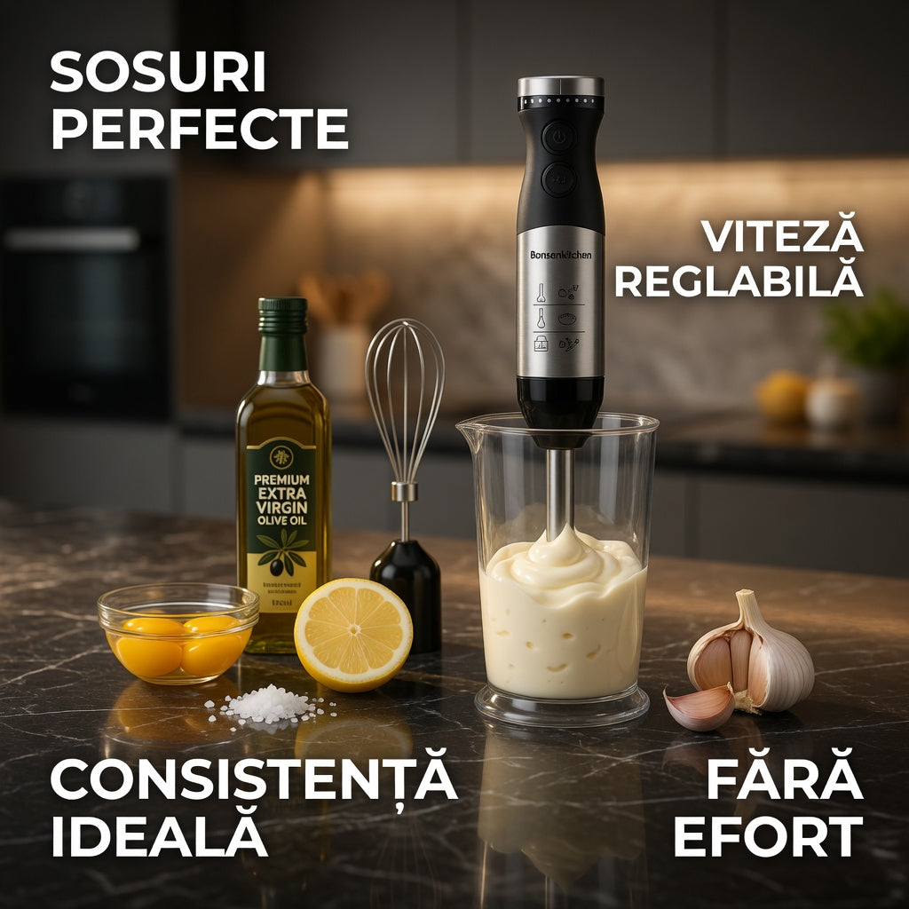 Blender de Mana cu Motor 1000W, Cutit QuattroBlade Pro, Food Processor Inclus, Viteza Reglabila