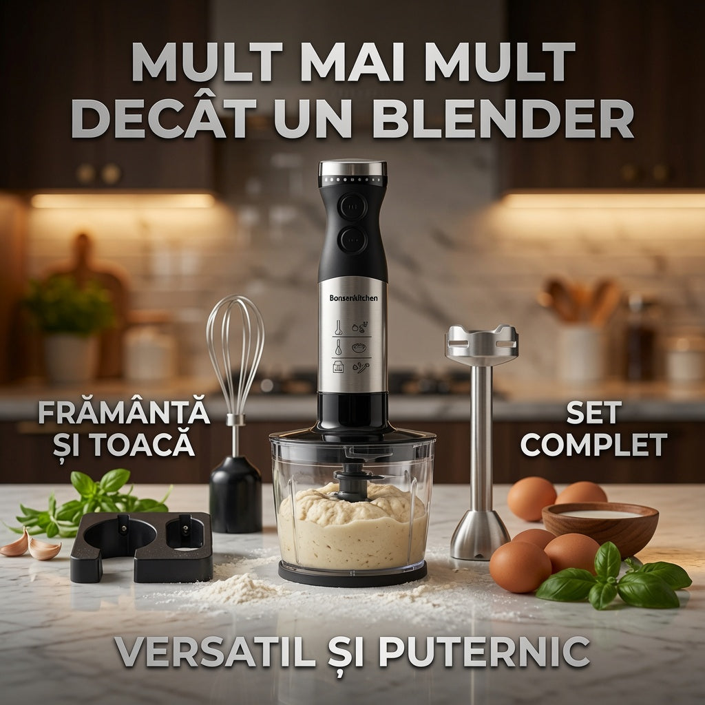 Blender de Mana cu Motor 1000W, Cutit QuattroBlade Pro, Food Processor Inclus, Viteza Reglabila