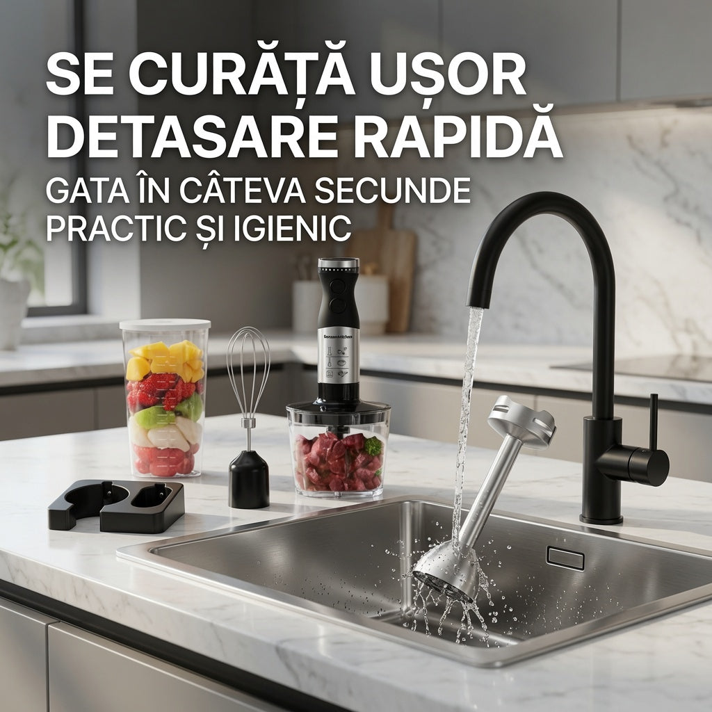Blender de Mana cu Motor 1000W, Cutit QuattroBlade Pro, Food Processor Inclus, Viteza Reglabila