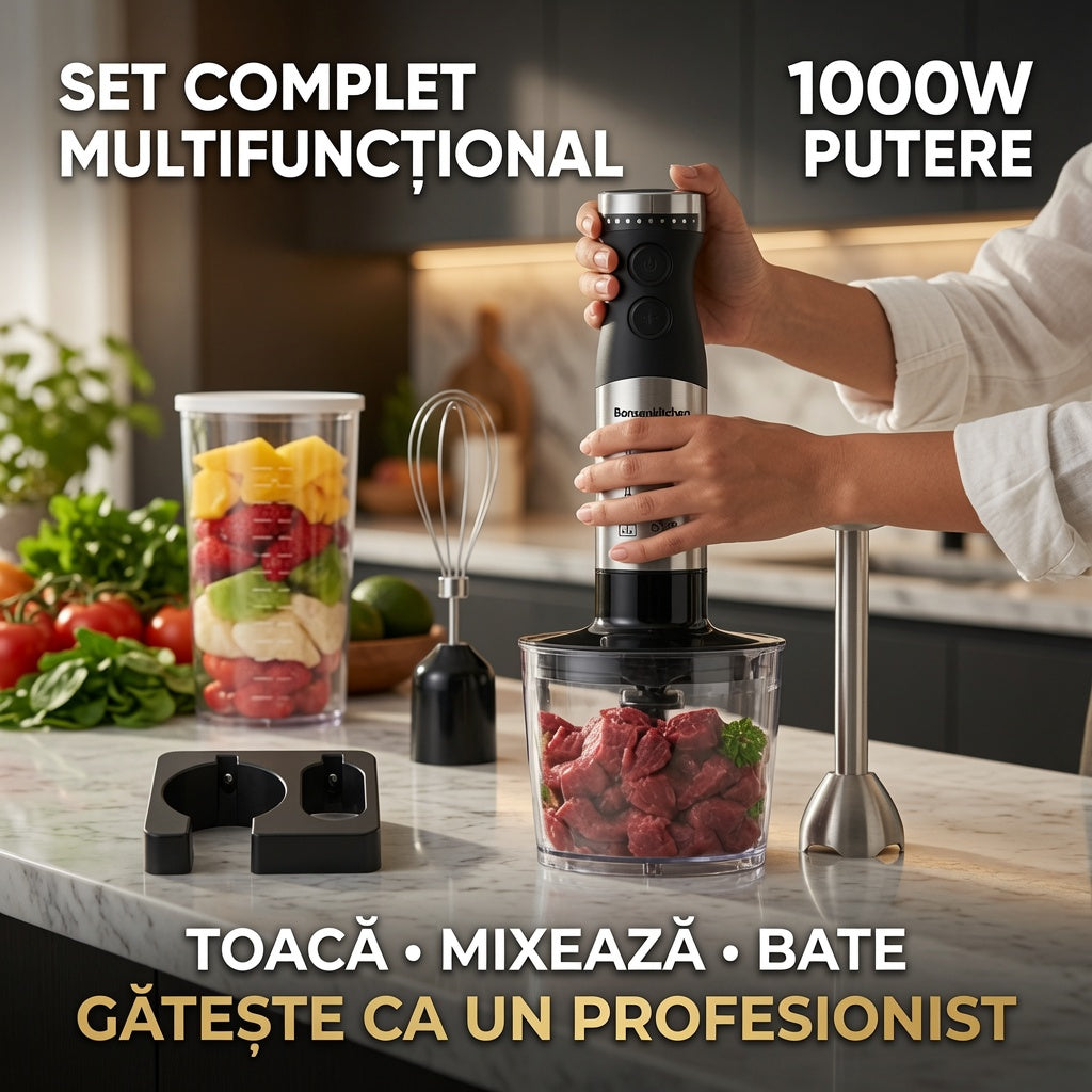 Blender de Mana cu Motor 1000W, Cutit QuattroBlade Pro, Food Processor Inclus, Viteza Reglabila