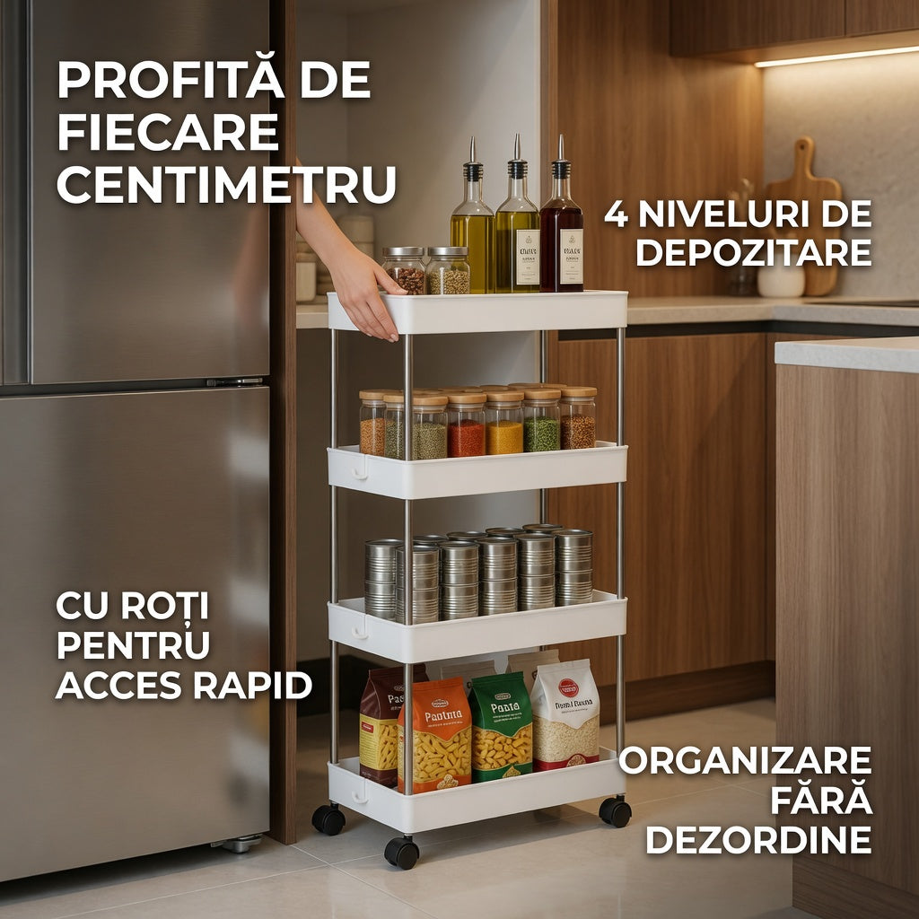 Carucior depozitare cu 4 rafturi si roti pentru baie si bucatarie