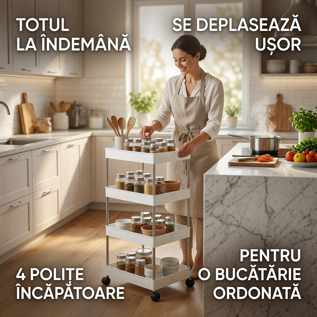 Carucior depozitare cu 4 rafturi si roti pentru baie si bucatarie