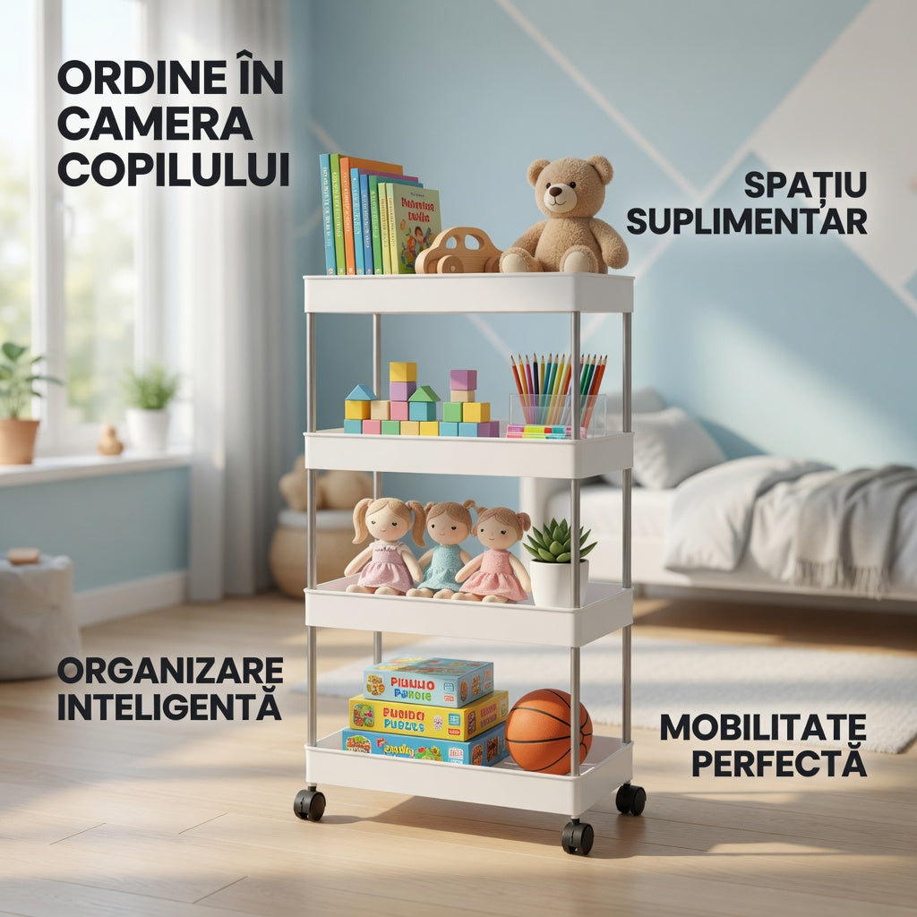 Carucior depozitare cu 4 rafturi si roti pentru baie si bucatarie