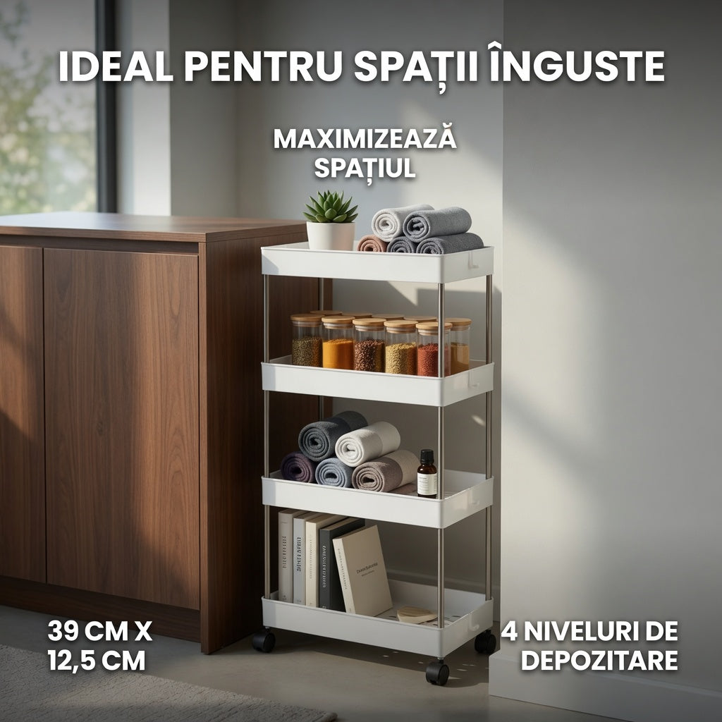 Carucior depozitare cu 4 rafturi si roti pentru baie si bucatarie