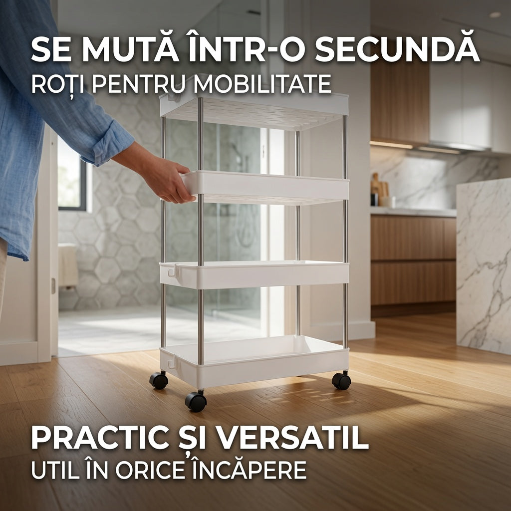 Carucior depozitare cu 4 rafturi si roti pentru baie si bucatarie