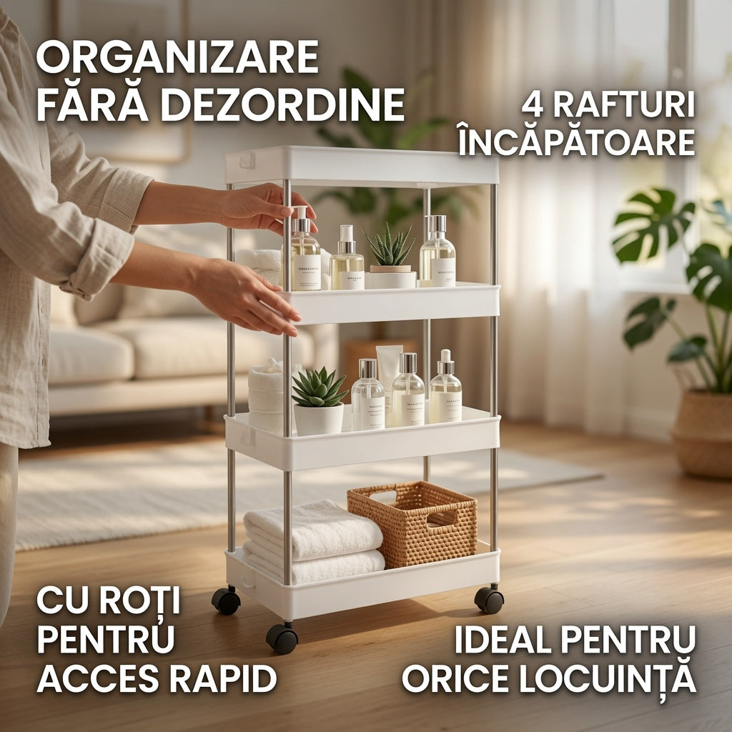 Carucior depozitare cu 4 rafturi si roti pentru baie si bucatarie