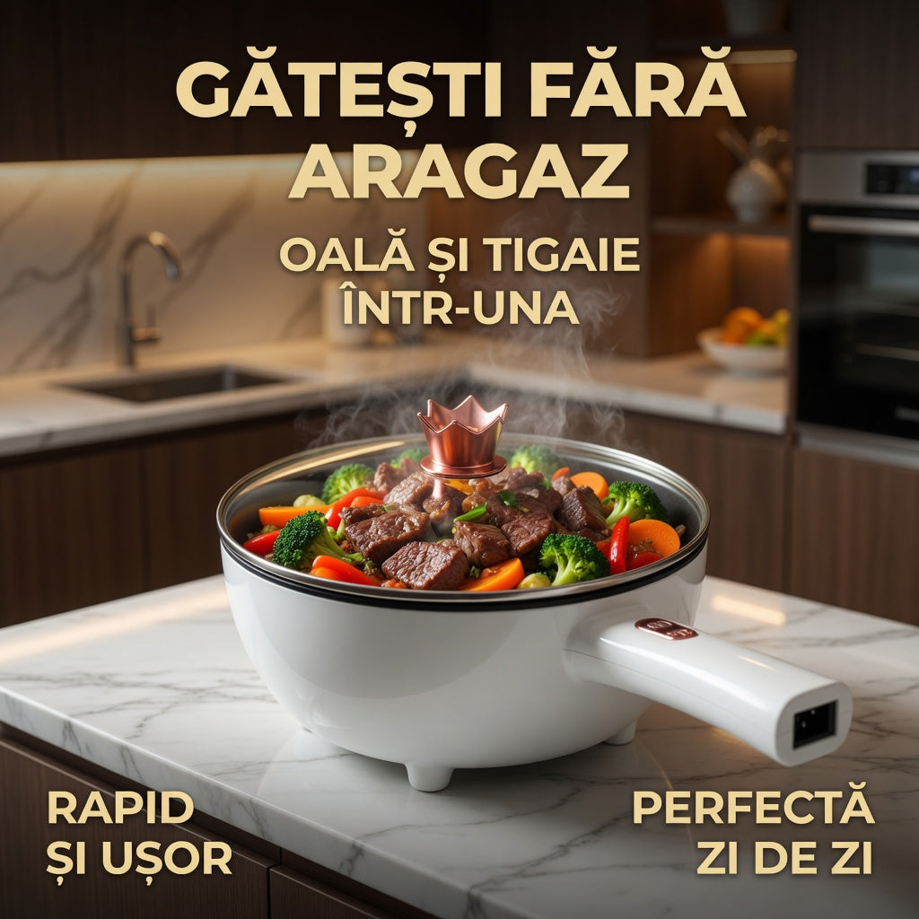 Tigaie electrică multifuncțională – gătit fără aragaz, cu capac