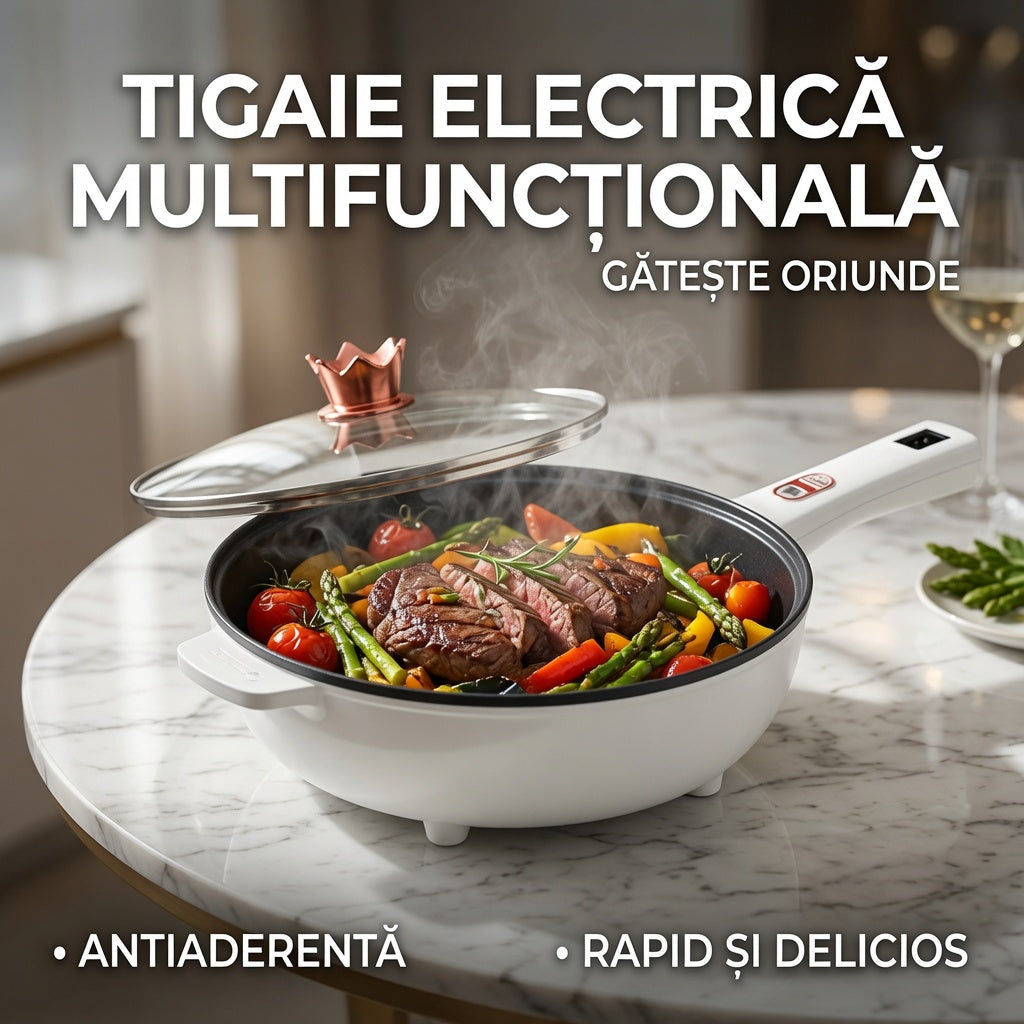 Tigaie electrică multifuncțională – gătit fără aragaz, cu capac