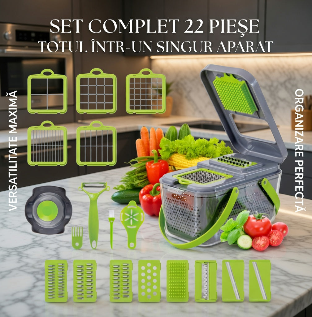 Razatoare multifunctionala pentru fructe si legume, 22 piese, lame din otel inoxidabil
