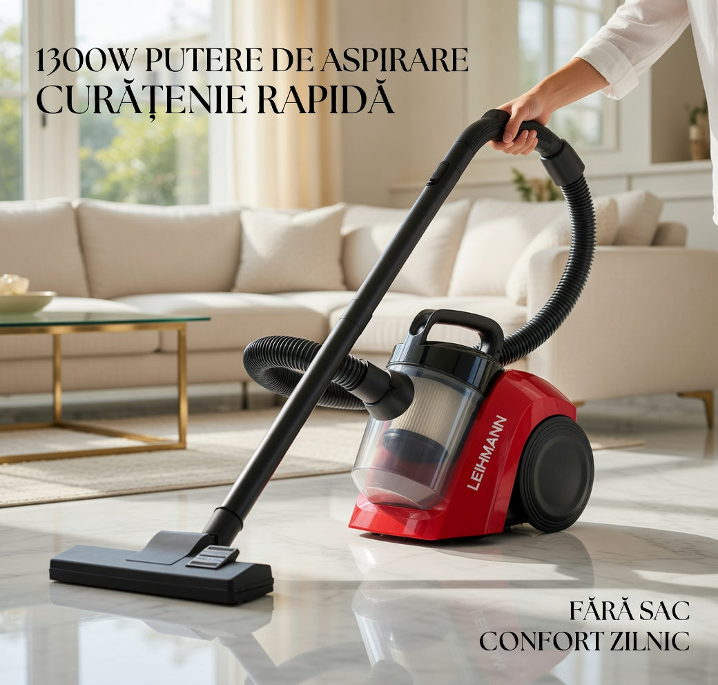 Aspirator fără Sac LEIHMANN 1300W, Sistem Cyclonic, Recipient 2L, Rază 12M, Perie Multifuncțională
