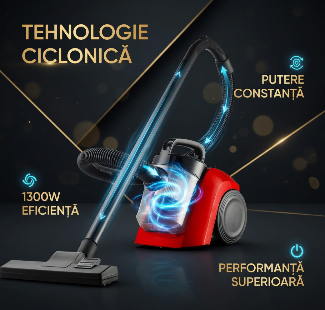 Aspirator fără Sac LEIHMANN 1300W, Sistem Cyclonic, Recipient 2L, Rază 12M, Perie Multifuncțională