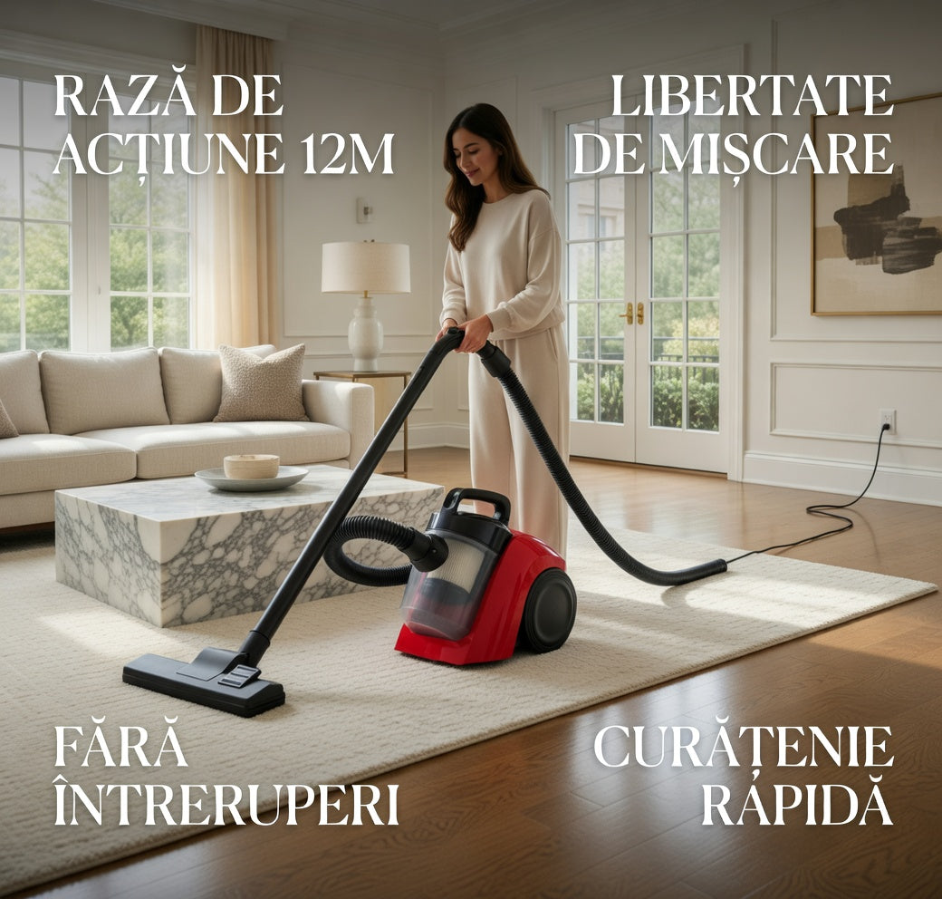 Aspirator fără Sac LEIHMANN 1300W, Sistem Cyclonic, Recipient 2L, Rază 12M, Perie Multifuncțională