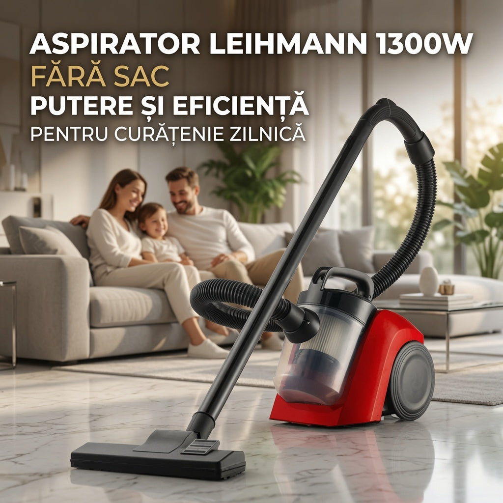 Aspirator fără Sac LEIHMANN 1300W, Sistem Cyclonic, Recipient 2L, Rază 12M, Perie Multifuncțională