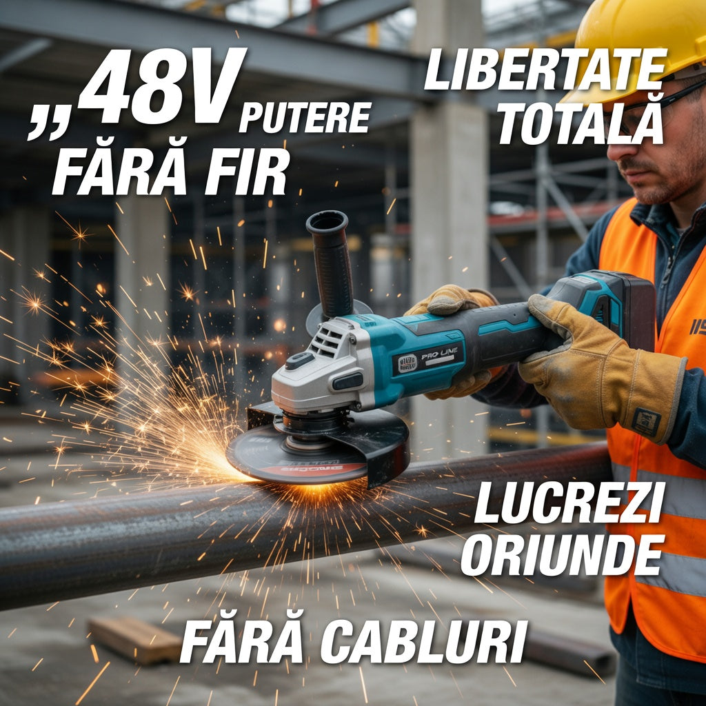 Polizor Unghiular (Flex) 48V 5Ah cu 2 Acumulatori, Încărcător, Mâner și Cheie, Albastru