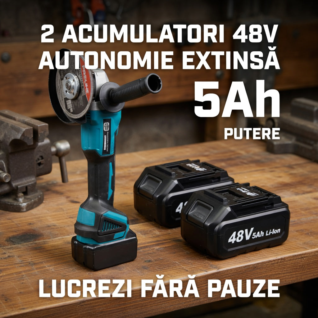 Polizor Unghiular (Flex) 48V 5Ah cu 2 Acumulatori, Încărcător, Mâner și Cheie, Albastru
