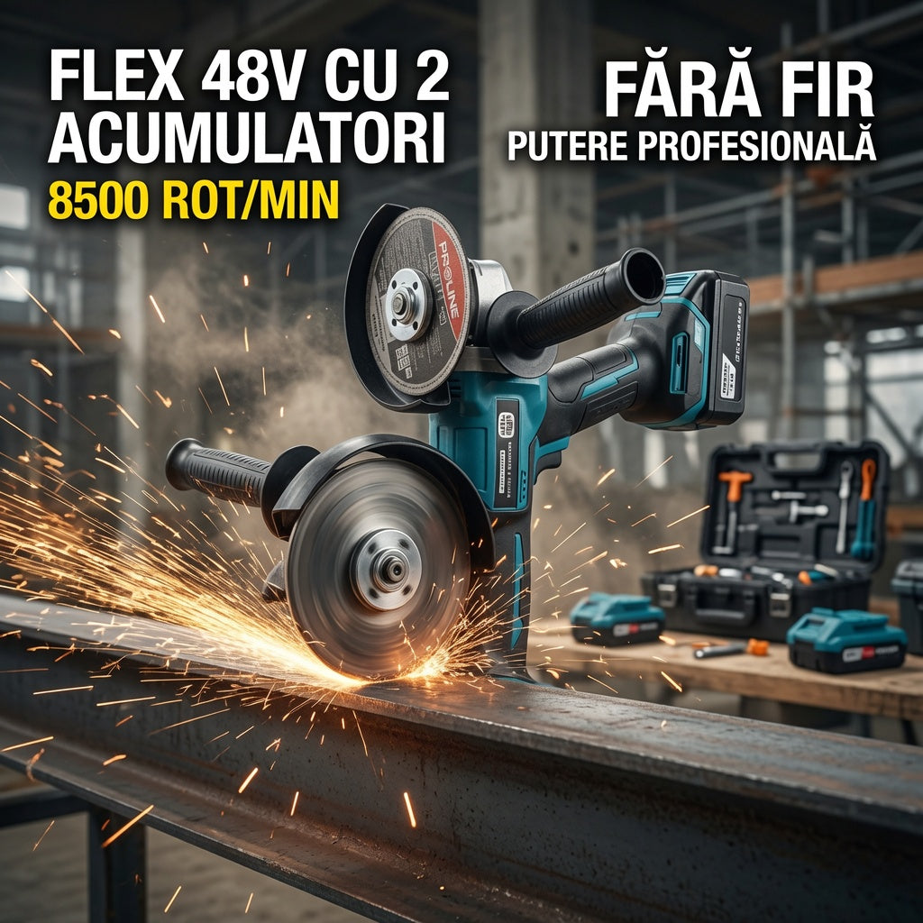 Polizor Unghiular (Flex) 48V 5Ah cu 2 Acumulatori, Încărcător, Mâner și Cheie, Albastru