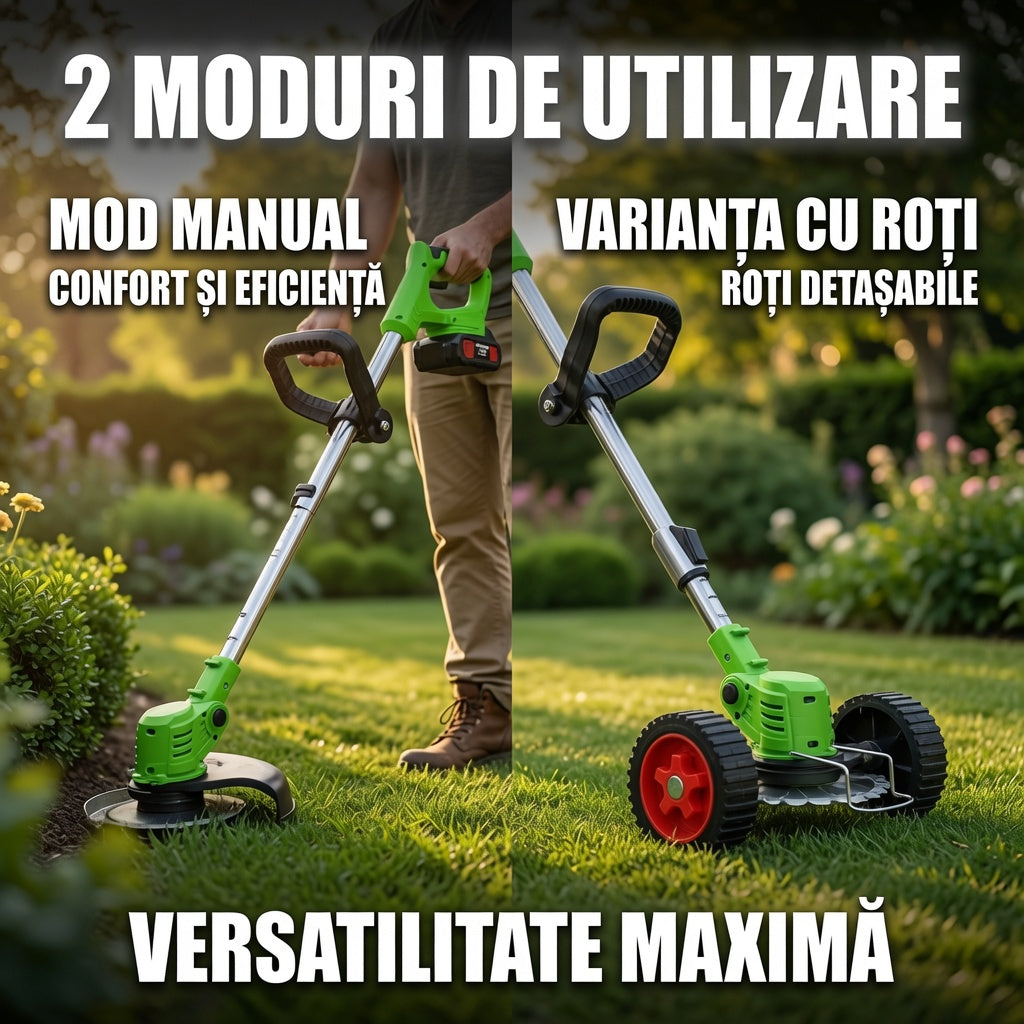Motocoasă electrică 48V cu două roți detașabile și mâner ergonomic