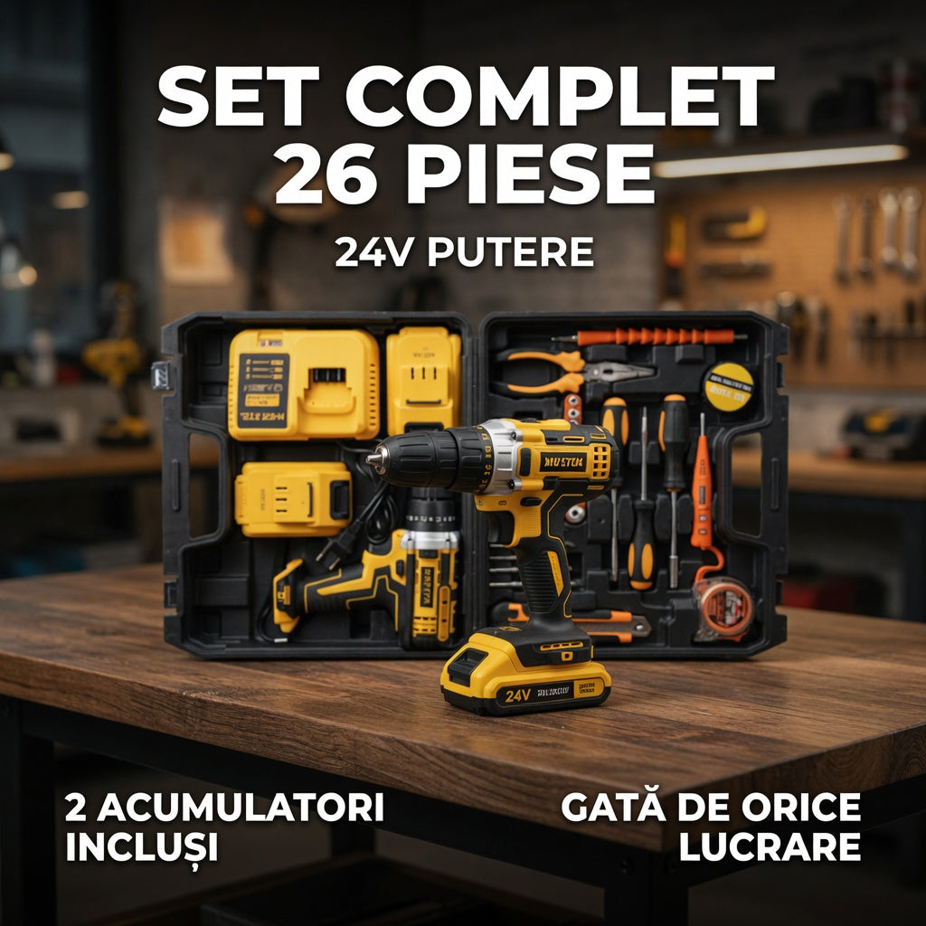 Masina de gaurit autofiletanta cu percutie, 24V, 2 acumulatori, set 26 piese, galben/negru