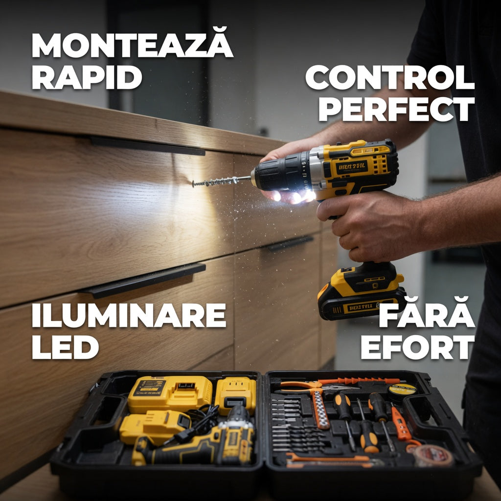 Masina de gaurit autofiletanta cu percutie, 24V, 2 acumulatori, set 26 piese, galben/negru